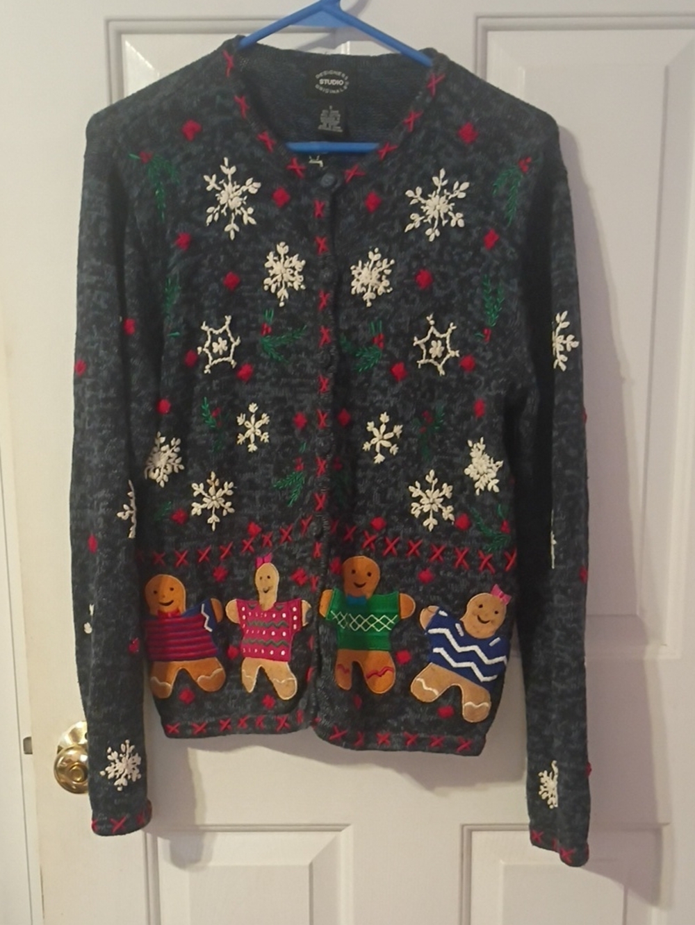 Ladies Designer Studio Original Gingerbread Man Cardigan Sweater -